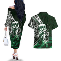 Hafa Adai Guam Discovery Day Couples Matching Off The Shoulder Long Sleeve Dress and Hawaiian Shirt Chamorro Latte Stone Hand Green Version