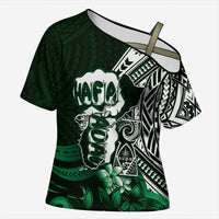 Hafa Adai Guam Discovery Day Cross Shoulder Shirt Chamorro Latte Stone Hand Green Version LT14 Female Green - Polynesian Pride