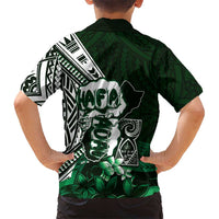 Hafa Adai Guam Discovery Day Family Matching Off Shoulder Short Dress and Hawaiian Shirt Chamorro Latte Stone Hand Green Version