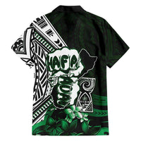 Hafa Adai Guam Discovery Day Family Matching Off Shoulder Short Dress and Hawaiian Shirt Chamorro Latte Stone Hand Green Version