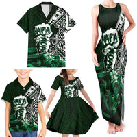 Hafa Adai Guam Discovery Day Family Matching Tank Maxi Dress and Hawaiian Shirt Chamorro Latte Stone Hand Green Version