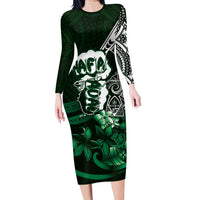 Hafa Adai Guam Discovery Day Long Sleeve Bodycon Dress Chamorro Latte Stone Hand Green Version LT14 Long Dress Green - Polynesian Pride