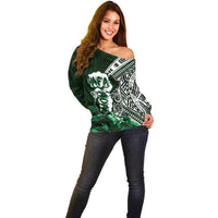 Hafa Adai Guam Discovery Day Off Shoulder Sweater Chamorro Latte Stone Hand Green Version LT14 - Polynesian Pride