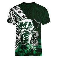 Hafa Adai Guam Discovery Day Women V-Neck T-Shirt Chamorro Latte Stone Hand Green Version LT14 - Polynesian Pride