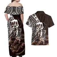 Hafa Adai Guam Discovery Day Couples Matching Off Shoulder Maxi Dress and Hawaiian Shirt Chamorro Latte Stone Hand Brown Version LT14 - Polynesian Pride
