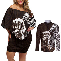 Hafa Adai Guam Discovery Day Couples Matching Off Shoulder Short Dress and Long Sleeve Button Shirt Chamorro Latte Stone Hand Brown Version LT14 Brown - Polynesian Pride