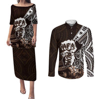 Hafa Adai Guam Discovery Day Couples Matching Puletasi and Long Sleeve Button Shirt Chamorro Latte Stone Hand Brown Version LT14 Brown - Polynesian Pride