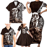 Hafa Adai Guam Discovery Day Family Matching Short Sleeve Bodycon Dress and Hawaiian Shirt Chamorro Latte Stone Hand Brown Version