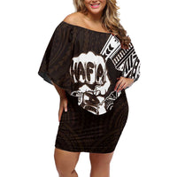 Hafa Adai Guam Discovery Day Off Shoulder Short Dress Chamorro Latte Stone Hand Brown Version LT14 Women Brown - Polynesian Pride