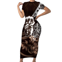Hafa Adai Guam Discovery Day Short Sleeve Bodycon Dress Chamorro Latte Stone Hand Brown Version LT14 Long Dress Brown - Polynesian Pride