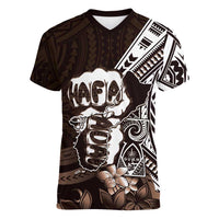 Hafa Adai Guam Discovery Day Women V-Neck T-Shirt Chamorro Latte Stone Hand Brown Version LT14 Female Brown - Polynesian Pride