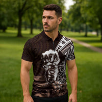 Hafa Adai Guam Discovery Day Zipper Polo Shirt Chamorro Latte Stone Hand Brown Version LT14 - Polynesian Pride