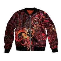 Personalised Polynesia Zodiac Aries Bomber Jacket Galaxy Polynesian Pattern Chest Tattoo Style LT14 Unisex Red - Polynesian Pride