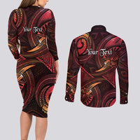 Personalised Polynesia Zodiac Aries Couples Matching Long Sleeve Bodycon Dress and Long Sleeve Button Shirt Galaxy Polynesian Pattern Chest Tattoo Style LT14 - Polynesian Pride