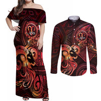 Personalised Polynesia Zodiac Aries Couples Matching Off Shoulder Maxi Dress and Long Sleeve Button Shirt Galaxy Polynesian Pattern Chest Tattoo Style LT14 Red - Polynesian Pride