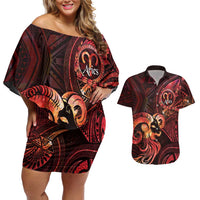 Personalised Polynesia Zodiac Aries Couples Matching Off Shoulder Short Dress and Hawaiian Shirt Galaxy Polynesian Pattern Chest Tattoo Style LT14 Red - Polynesian Pride