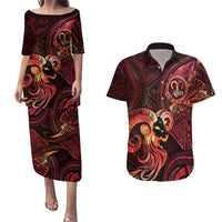 Personalised Polynesia Zodiac Aries Couples Matching Puletasi and Hawaiian Shirt Galaxy Polynesian Pattern Chest Tattoo Style LT14 Red - Polynesian Pride