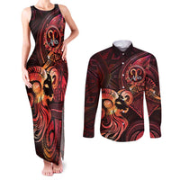 Personalised Polynesia Zodiac Aries Couples Matching Tank Maxi Dress and Long Sleeve Button Shirt Galaxy Polynesian Pattern Chest Tattoo Style LT14 Red - Polynesian Pride