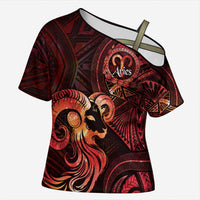 Personalised Polynesia Zodiac Aries Cross Shoulder Shirt Galaxy Polynesian Pattern Chest Tattoo Style LT14 Female Red - Polynesian Pride