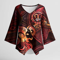 Personalised Polynesia Zodiac Aries Kimono Sleeve Blouse Galaxy Polynesian Pattern Chest Tattoo Style LT14 Female Red - Polynesian Pride
