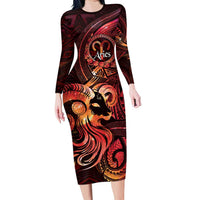 Personalised Polynesia Zodiac Aries Long Sleeve Bodycon Dress Galaxy Polynesian Pattern Chest Tattoo Style LT14 Long Dress Red - Polynesian Pride