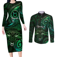 Personalised Polynesia Zodiac Taurus Couples Matching Long Sleeve Bodycon Dress and Long Sleeve Button Shirt Galaxy Polynesian Pattern Chest Tattoo Style LT14 Green - Polynesian Pride