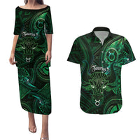 Personalised Polynesia Zodiac Taurus Couples Matching Puletasi and Hawaiian Shirt Galaxy Polynesian Pattern Chest Tattoo Style LT14 Green - Polynesian Pride
