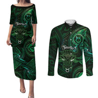 Personalised Polynesia Zodiac Taurus Couples Matching Puletasi and Long Sleeve Button Shirt Galaxy Polynesian Pattern Chest Tattoo Style LT14 Green - Polynesian Pride