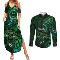 Personalised Polynesia Zodiac Taurus Couples Matching Summer Maxi Dress and Long Sleeve Button Shirt Galaxy Polynesian Pattern Chest Tattoo Style LT14 Green - Polynesian Pride
