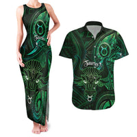 Personalised Polynesia Zodiac Taurus Couples Matching Tank Maxi Dress and Hawaiian Shirt Galaxy Polynesian Pattern Chest Tattoo Style LT14 Green - Polynesian Pride