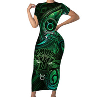 Personalised Polynesia Zodiac Taurus Short Sleeve Bodycon Dress Galaxy Polynesian Pattern Chest Tattoo Style LT14 Long Dress Green - Polynesian Pride