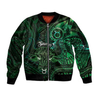 Personalised Polynesia Zodiac Taurus Sleeve Zip Bomber Jacket Galaxy Polynesian Pattern Chest Tattoo Style LT14 Unisex Green - Polynesian Pride