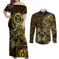 Personalised Polynesia Zodiac Gemini Couples Matching Off Shoulder Maxi Dress and Long Sleeve Button Shirt Galaxy Polynesian Pattern Chest Tattoo Style LT14 Yellow - Polynesian Pride