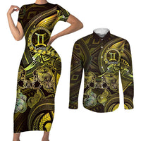 Personalised Polynesia Zodiac Gemini Couples Matching Short Sleeve Bodycon Dress and Long Sleeve Button Shirt Galaxy Polynesian Pattern Chest Tattoo Style LT14 Yellow - Polynesian Pride