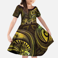 Personalised Polynesia Zodiac Gemini Family Matching Off Shoulder Maxi Dress and Hawaiian Shirt Galaxy Polynesian Pattern Chest Tattoo Style LT14 Daughter's Dress Yellow - Polynesian Pride