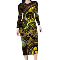 Personalised Polynesia Zodiac Gemini Long Sleeve Bodycon Dress Galaxy Polynesian Pattern Chest Tattoo Style LT14 Long Dress Yellow - Polynesian Pride