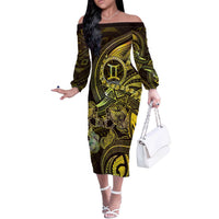 Personalised Polynesia Zodiac Gemini Off The Shoulder Long Sleeve Dress Galaxy Polynesian Pattern Chest Tattoo Style LT14 Women Yellow - Polynesian Pride