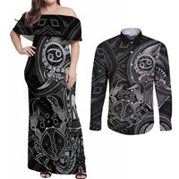 Personalised Polynesia Zodiac Cancer Couples Matching Off Shoulder Maxi Dress and Long Sleeve Button Shirt Galaxy Polynesian Pattern Chest Tattoo Style LT14 Black - Polynesian Pride