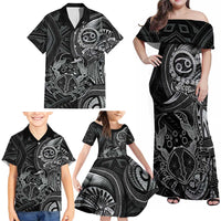 Personalised Polynesia Zodiac Cancer Family Matching Off Shoulder Maxi Dress and Hawaiian Shirt Galaxy Polynesian Pattern Chest Tattoo Style