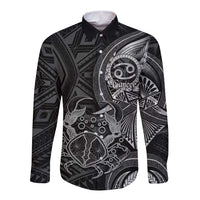 Personalised Polynesia Zodiac Cancer Long Sleeve Button Shirt Galaxy Polynesian Pattern Chest Tattoo Style LT14 Unisex Black - Polynesian Pride