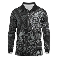 Personalised Polynesia Zodiac Cancer Long Sleeve Polo Shirt Galaxy Polynesian Pattern Chest Tattoo Style LT14 Black - Polynesian Pride