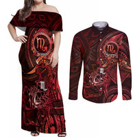 Personalised Polynesia Zodiac Scorpio Couples Matching Off Shoulder Maxi Dress and Long Sleeve Button Shirt Galaxy Polynesian Pattern Chest Tattoo Style LT14 Red - Polynesian Pride