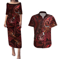 Personalised Polynesia Zodiac Scorpio Couples Matching Puletasi and Hawaiian Shirt Galaxy Polynesian Pattern Chest Tattoo Style LT14 Red - Polynesian Pride