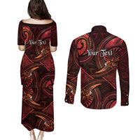 Personalised Polynesia Zodiac Scorpio Couples Matching Puletasi and Long Sleeve Button Shirt Galaxy Polynesian Pattern Chest Tattoo Style