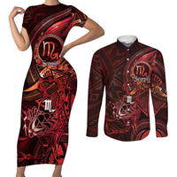 Personalised Polynesia Zodiac Scorpio Couples Matching Short Sleeve Bodycon Dress and Long Sleeve Button Shirt Galaxy Polynesian Pattern Chest Tattoo Style LT14 Red - Polynesian Pride