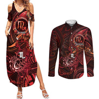 Personalised Polynesia Zodiac Scorpio Couples Matching Summer Maxi Dress and Long Sleeve Button Shirt Galaxy Polynesian Pattern Chest Tattoo Style LT14 Red - Polynesian Pride