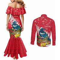 New Zealand Christmas In July Couples Matching Mermaid Dress and Long Sleeve Button Shirt Tui Bird With Kowhai Meri Kirihimete LT14 - Polynesian Pride