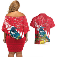 New Zealand Christmas In July Couples Matching Off Shoulder Short Dress and Hawaiian Shirt Tui Bird With Kowhai Meri Kirihimete LT14 - Polynesian Pride