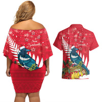 New Zealand Christmas In July Couples Matching Off Shoulder Short Dress and Hawaiian Shirt Tui Bird With Kowhai Meri Kirihimete