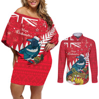 New Zealand Christmas In July Couples Matching Off Shoulder Short Dress and Long Sleeve Button Shirt Tui Bird With Kowhai Meri Kirihimete LT14 Red - Polynesian Pride